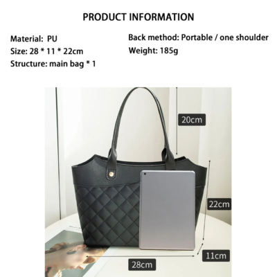 Fashion Rhombic Jacquard Tote Shoulder Bag Simple Shopping Bag, black