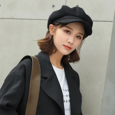 Women Newsboy Hats Winter Felt Retro Solid Color Fashion All-Match Newsboy Cap